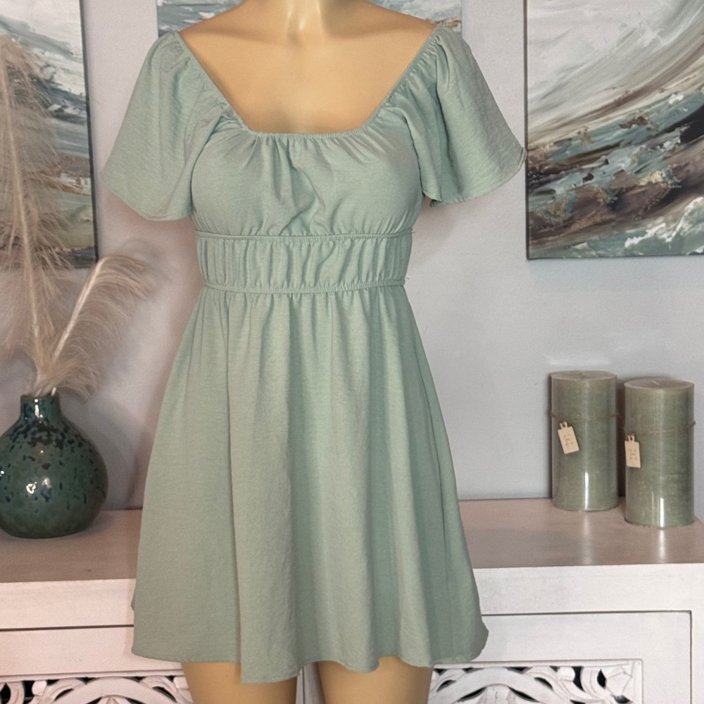 Altar'd State Sage Green Flutter Sleeve Babydoll Mini Dress XS Made in USA